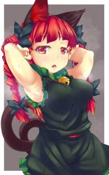 Rule 34 | 1girl, animal ears, armpits, arms behind head, arms up, bad id, bad twitter id, blush, braid, breasts, cat ears, cat tail, fang, tucking hair, highres, kaenbyou rin, konata gazel, long hair, looking at viewer, open mouth, pointy ears, red eyes, red hair, sleeveless, solo, sweat, tail, touhou, twin braids, twintails