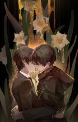 Rule 34 | 2boys, abstract background, absurdres, black cloak, black hair, black jacket, chinese commentary, cloak, closed eyes, cocozha, commentary request, flower, flower in mouth, highres, hug, implied yaoi, jacket, kiss, klein moretti, lord of the mysteries, multiple boys, nail, nectar, plant, selfcest, shirt, short hair, water drop, white shirt