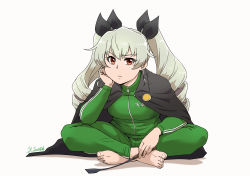 Rule 34 | 1girl, anchovy (girls und panzer), artist name, black cape, black ribbon, brown eyes, cape, character name, closed mouth, commentary, drill hair, frown, full body, girls und panzer, green hair, green jacket, green pants, hair ribbon, hand on own face, head rest, highres, holding, holding riding crop, indian style, jacket, leaning forward, long hair, long sleeves, looking at viewer, pants, ribbon, riding crop, satou yasu, shadow, signature, simple background, sitting, solo, track jacket, track pants, translated, twin drills, twintails, white background