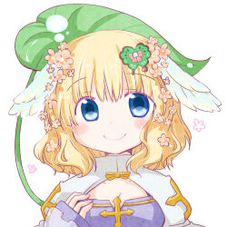 Rule 34 | 1girl, arch bishop (ragnarok online), blonde hair, blue dress, blue eyes, blush, breasts, cleavage, cleavage cutout, closed mouth, clothing cutout, commentary request, cross, dress, flower, futami yayoi, hair flower, hair ornament, head wings, highres, leaf umbrella, looking at viewer, medium bangs, medium breasts, medium hair, pink flower, ragnarok online, simple background, smile, solo, two-tone dress, upper body, wavy hair, white background, white dress, white wings, wings