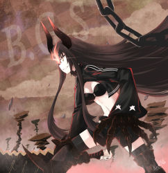 Rule 34 | 10s, 1girl, bikini, bikini top only, black bikini, black gold saw, black hair, black rock shooter, breasts, butter-t, butter (artist), chain, character name, female focus, glowing, glowing eyes, holding, horns, king saw, long hair, navel, pale skin, profile, red eyes, shorts, smile, solo, standing, swimsuit, sword, thighhighs, weapon