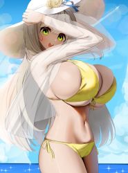 Rule 34 | 1girl, absurdres, aircraft, airplane, bikini, blue archive, breasts, cleavage, deep skin, flower, front-tie top, glint, green eyes, hat, hat flower, highres, horizon, huge breasts, jacket, jet, light brown hair, long hair, looking at viewer, looking to the side, navel, nicorima, nonomi (blue archive), nonomi (swimsuit) (blue archive), ocean, official alternate costume, open mouth, see-through, see-through jacket, see-through shirt, shiny skin, side-tie bikini bottom, sideboob, sky, solo, sun hat, swimsuit, teeth, thighs, upper teeth only, very long hair, yellow bikini