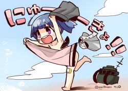 Rule 34 | 10s, 1girl, :d, arm up, armpits, bandaid, bandaid on knee, bandaid on leg, barefoot, black panties, blue hair, blush, bow, bow panties, chiko (yuru-ko), clothes, unworn clothes, cloud, day, full body, holding, holding clothes, kantai collection, machinery, nude, ooshio (kancolle), open mouth, outstretched arms, panties, unworn panties, pleated skirt, purple eyes, ribbon, running, school uniform, short hair, short sleeves, short twintails, skirt, sky, smile, solo, standing, standing on one leg, towel, translation request, twintails, twitter username, underwear