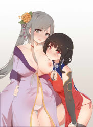 Rule 34 | 2girls, absurdres, anchor, black hair, black legwear, blush, breasts, china dress, chinese clothes, closed mouth, contrapposto, cowboy shot, detached sleeves, dress, flower, gluteal fold, gradient background, grey eyes, grey hair, hair flower, hair ornament, hair ribbon, hand on another&#039;s hip, highres, kaga (warship girls r), large breasts, long hair, multiple girls, navel, nipples, off shoulder, open mouth, panties, ponytail, red dress, red eyes, ribbon, side-tie panties, side slit, sidelocks, simple background, small breasts, smile, standing, string panties, thighhighs, tress ribbon, underwear, very long hair, warship girls r, white panties, yat sen (warship girls r), ze (wzfnn001)