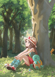 Rule 34 | 1girl, absurdres, brown hair, closed mouth, commentary request, creatures (company), day, eyelashes, flower, forest, from side, game freak, gen 1 pokemon, grass, green shirt, hat, highres, keeno-ringo46, leaf (pokemon), long hair, loose socks, nature, nintendo, outdoors, pikachu, pokemon, pokemon (creature), pokemon frlg, red skirt, shirt, shoes, sitting, skirt, sleeveless, sleeveless shirt, socks, squirtle, strap, tree, white footwear, white headwear