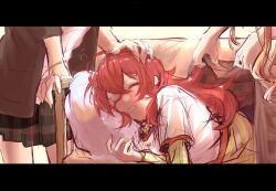 Rule 34 | 3girls, ahoge, arisugawa natsuha, blush, couch, covering with blanket, drooling, headpat, highres, idolmaster, idolmaster shiny colors, komiya kaho, letterboxed, lying, mouth drool, multiple girls, on couch, on side, red hair, saijo juri, school uniform, sketch, squeans, sleeping, solo focus, tatatan 45