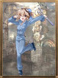 Rule 34 | ;d, bad id, bad pixiv id, black footwear, blue bow, blue pants, bow, breast pocket, brown eyes, brown hair, clock, gears, hair bow, hoshibana anima, looking at viewer, official art, one eye closed, open mouth, pants, pocket, sanzenkai no avatar, shirt pocket, smile, standing, standing on one leg, tower, wrench