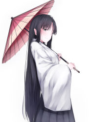 Rule 34 | 10s, 1girl, bad id, bad pixiv id, black hair, grey eyes, hakama, hakama skirt, highres, japanese clothes, kantai collection, kimono, long hair, long sleeves, looking at viewer, oil-paper umbrella, rerrere, shouhou (kancolle), simple background, skirt, smile, solo, umbrella, very long hair, wide sleeves