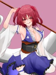 Rule 34 | 1girl, 2dio9gwjal28761, armpits, bare shoulders, blue skirt, blush, breasts, cleavage, heart, heart-shaped pupils, large breasts, licking lips, lips, looking at viewer, onozuka komachi, pink background, red eyes, red hair, scythe, simple background, skirt, solo, symbol-shaped pupils, thighhighs, thighs, tongue, tongue out, touhou, white thighhighs