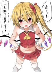 Rule 34 | 1girl, 5240mosu, adapted costume, alternate costume, angry, arm ribbon, ascot, asymmetrical hair, blonde hair, blush, bow, crop top, crystal, flandre scarlet, hair bow, hair ornament, hands on own hips, heart, heart-shaped pupils, highres, looking at viewer, midriff, miniskirt, navel, no headwear, open mouth, red eyes, ribbon, side ponytail, simple background, skirt, sleeveless, solo, speech bubble, symbol-shaped pupils, thighhighs, touhou, translation request, white background, white legwear, wings, wrist cuffs, zettai ryouiki