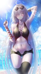 Rule 34 | 1girl, absurdres, bare shoulders, beach, black shorts, black thighhighs, blue sky, blush, breasts, cleavage, collarbone, eyewear on head, fate/grand order, fate (series), food, highres, huge filesize, jeanne d&#039;arc (fate), jeanne d&#039;arc alter (avenger) (fate), jeanne d&#039;arc alter (fate), large breasts, long hair, looking to the side, nail polish, navel, one eye closed, open fly, penguintake, popsicle, short shorts, shorts, silver hair, sky, solo, sunglasses, thighhighs, thighs, yellow eyes