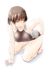 Rule 34 | 1girl, adjusting clothes, adjusting swimsuit, amagami, arm behind back, bare arms, black eyes, black one-piece swimsuit, blush, breasts, brown hair, closed mouth, clothes pull, collarbone, competition school swimsuit, competition swimsuit, covered erect nipples, embarrassed, full body, grey one-piece swimsuit, hair between eyes, half-closed eyes, highres, kneeling, large breasts, looking to the side, one-piece swimsuit, one-piece swimsuit pull, one-piece tan, ponytail, sasaki akira (ugc), school swimsuit, simple background, solo, sweat, sweatdrop, swimsuit, tan, tanline, thighs, tsukahara hibiki, white background