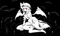 Rule 34 | 1girl, arm support, bat (animal), bat wings, black background, bow, breasts, dress, eyelashes, finger to mouth, flats, flower, foul detective satori, frilled shirt collar, frills, hand up, hat, hat bow, highres, kfre (gehm8472), looking at viewer, mob cap, monochrome, petticoat, puffy short sleeves, puffy sleeves, red eyes, remilia scarlet, ripples, rose, short hair, short sleeves, signature, simple background, sitting, slit pupils, small breasts, solo, spot color, swept bangs, tattoo, touhou, water, water drop, wing ornament, wings, wrist cuffs, yokozuwari