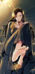 Rule 34 | 1girl, altair justina cayenne, barefoot, black dress, blush, brown hair, closed mouth, collar, doom breaker, dress, flower, green eyes, hand up, highres, looking at viewer, official art, short hair, sitting, smile, solo, very short hair, webtoon
