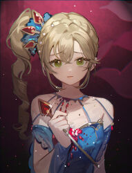 Rule 34 | 1girl, blonde hair, blue dress, braid, breasts, cleavage, closed mouth, crown braid, diadem, dress, drill hair, furrowed brow, green eyes, highres, holding, holding wand, ichisaku, light particles, long hair, looking at viewer, official alternate costume, red background, reverse:1999, see-through, see-through cleavage, see-through sleeves, short sleeves, side drill, solo, sotheby, upper body, wand