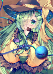 Rule 34 | 1girl, alternate hair length, alternate hairstyle, black hat, candy, chocolate, chocolate heart, commentary request, fant, food, food in mouth, green eyes, green hair, hair over one eye, hat, hat ribbon, heart, heart-shaped pupils, highres, komeiji koishi, long hair, long sleeves, looking at viewer, ribbon, solo, symbol-shaped pupils, third eye, touhou, upper body, valentine, yellow ribbon