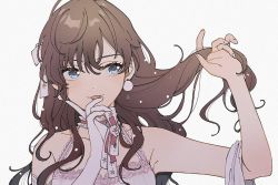 Rule 34 | 1girl, arm up, bow, brown hair, choker, collarbone, dot nose, dress, earrings, gloves, grey background, hair bow, hand in own hair, hand on own cheek, hand on own face, ichinose shiki, idolmaster, idolmaster cinderella girls, iwawa, jewelry, long hair, open mouth, pink bow, pink dress, pom pom (clothes), pom pom earrings, single glove, sleeveless, sleeveless dress, solo, upper body