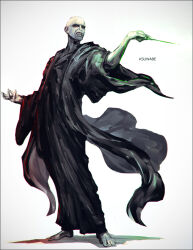 Rule 34 | 1boy, angry, bald, barefoot, black cloak, cloak, colored skin, full body, grey background, grey skin, harry potter (series), holding, holding wand, k-suwabe, long sleeves, male focus, simple background, solo, standing, teeth, voldemort, wand, wizarding world