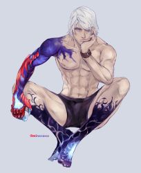 Rule 34 | 1boy, artist name, blue eyes, devil may cry (series), devil may cry 4, full body, head rest, jewelry, looking at viewer, male focus, mineco000, nero (devil may cry), ring, simple background, solo, underwear, underwear only, white hair, wristband