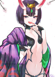 Rule 34 | 1girl, absurdres, blood on hands, blunt bangs, bob cut, branch, breasts, bridal gauntlets, cherry blossoms, eyeliner, falling petals, fang, fate/grand order, fate (series), finger to mouth, hair ornament, haku u 0818, highres, horns, japanese clothes, jewelry, kimono, licking, licking finger, makeup, navel, oni, open clothes, open kimono, petals, purple eyes, purple hair, purple kimono, red eyeliner, revealing clothes, short hair, shuten douji (fate), signature, simple background, skin-covered horns, small breasts, solo, thick eyebrows, tongue, tongue out, white background