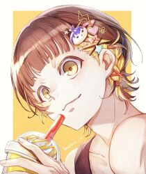 Rule 34 | 1boy, absurdres, bachira meguru, bare shoulders, black hair, blonde hair, blue lock, blunt bangs, braid, character name, closed mouth, collarbone, commentary request, cup, drink, drinking straw, hair ornament, hair ribbon, hairpin, highres, holding, holding cup, isagi yoichi, lightning bolt symbol, looking at viewer, male focus, multicolored hair, multiple hairpins, partial commentary, portrait, ribbon, short hair, short sleeves, side braid, sidelocks, simple background, smile, solo, star (symbol), two-tone background, two-tone hair, whipped cream, white background, yellow background, yellow eyes, yune525neko