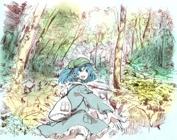 Rule 34 | 1girl, bag, blue hair, female focus, forest, hair bobbles, hair ornament, hat, kawashiro nitori, nature, outdoors, partially colored, plant, shinoasa, short hair, sketch, skirt, solo, touhou, two side up
