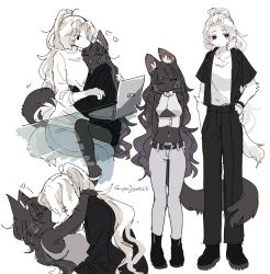 Rule 34 | 1boy, 1girl, :3, ^ ^, animal ear fluff, animal ears, animal nose, arms around neck, arms behind back, artist name, bare shoulders, belt, black eyes, black footwear, black fur, black hair, black jacket, black pants, black sweater, blunt bangs, blush, body fur, boots, buttons, cat ears, cat girl, cat tail, closed eyes, closed mouth, clothing cutout, computer, couple, dog boy, dog ears, dog tail, earclip, expressionless, full body, furry, furry female, furry male, gomafuto, grey pants, grey shirt, hair intakes, half-closed eyes, hand on own hip, happy, head tilt, heart, height difference, highres, hug, jacket, jaggy lines, kiss, laptop, light blush, long hair, long sleeves, looking to the side, multiple views, navel, open clothes, open jacket, open mouth, original, pants, ponytail, shirt, shirt tucked in, sidelocks, signature, simple background, sitting, sitting on lap, sitting on person, sketch, sleeveless, sleeveless shirt, smile, snout, standing, stomach, straight-on, sweater, tail, twitter username, underboob cutout, very long hair, whiskers, white background, white fur, white hair, white shirt, wristband