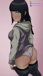 Rule 34 | 1girl, ass, blue hair, blunt bangs, blush, butt crack, closed mouth, clothes pull, fanbox username, female focus, fishnet thighhighs, fishnets, gluteal fold, gradient background, gumroad username, highres, hood, hooded jacket, huge ass, hyuuga hinata, jacket, long hair, long sleeves, looking at viewer, looking back, naruto (series), naruto shippuuden, no pupils, noxdsa, panties, pants, pants pull, patreon logo, patreon username, purple jacket, solo, thighhighs, underwear, wedgie, white eyes, white panties