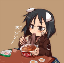 Rule 34 | 10s, 1girl, animal ears, bandaid, bandaid on face, black eyes, black hair, brave witches, chopsticks, cup ramen, donbee (food), donbei tempura soba, eating, food, instant soba, kanno naoe, kotatsu, nissin donbei, noodles, null (nyanpyoun), ramen, short hair, soba, solo, strike witches, table, world witches series