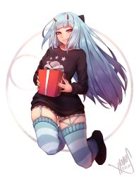Rule 34 | 1girl, artist name, black bow, blue hair, blue thighhighs, blunt bangs, blush, bow, dated, gift, grin, hair bow, highres, hoipus, holding, holding gift, horns, long hair, long sleeves, looking at viewer, original, parted lips, red eyes, signature, smile, solo, striped clothes, striped thighhighs, thighhighs, very long hair, white thighhighs