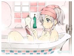 Rule 34 | 10s, 1girl, :o, bag, bathing, bathtub, breasts, cellphone, grey eyes, hair between eyes, kantai collection, kashima (kancolle), large breasts, naitou ryuu, nude, partially submerged, phone, industrial pipe, plastic bag, shampoo bottle, sidelocks, silver hair, sitting, smartphone, solo, star (symbol), steam, towel, towel on head, twintails, twitter username