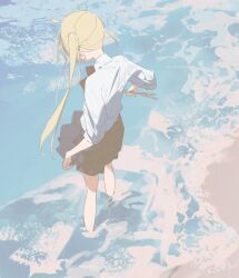 Rule 34 | 1girl, ahoge, beach, black ribbon, black skirt, blonde hair, bocchi the rock!, collared shirt, commentary, copyright name, day, detached ahoge, drumsticks, facing down, film grain, floating hair, from above, from behind, hair strand, highres, holding, holding drumsticks, ijichi nijika, nape, neck ribbon, ocean, outdoors, pleated skirt, ribbon, shirt, side ponytail, skirt, skirt hold, sleeves rolled up, solo, tatatsu, wading, waves, white shirt