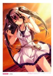 Rule 34 | 1girl, absurdres, bare shoulders, belt pouch, brown eyes, brown hair, camera, dress, dutch angle, highres, jewelry, long hair, necklace, non-web source, ocean, one eye closed, original, pouch, refeia, sleeveless, solo, sunset, twintails, watch, wink, wristwatch