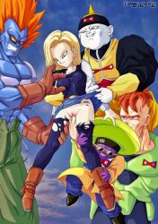 Rule 34 | 1girl, 4boys, android 13, android 15, android 16, android 18, android 19, blonde hair, blue eyes, blue skin, breasts, clothes lift, colored skin, dragon ball, dragonball z, fingering, medium breasts, multiple boys, orange hair, pantyhose, purple skin, size difference, skirt, skirt lift, smile, torn clothes, torn pantyhose, uncensored, white skin, zone (artist)