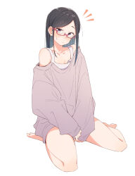 Rule 34 | 1girl, :/, bare legs, barefoot, black eyes, black hair, bottomless, collarbone, colored inner hair, eitopondo, full body, glasses, grey sweater, highres, looking at viewer, multicolored hair, notice lines, off-shoulder sweater, off shoulder, original, oversized clothes, red-framed eyewear, sanpaku, sitting, sleeves past wrists, solo, sweatdrop, sweater, tank top, thighs, v arms, wariza, white tank top