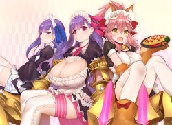 Rule 34 | 10s, 3girls, alternate costume, animal ears, animal hands, apron, bell, black dress, blue eyes, blue ribbon, blush, breasts, cat hair ornament, cat paws, claws, cleavage, cleavage cutout, clothing cutout, collar, commentary request, dress, enmaided, eyebrows, fang, fate/extra, fate/extra ccc, fate/grand order, fate (series), food, fox ears, frilled apron, frills, hair between eyes, hair ornament, hair ribbon, highres, holding, holding plate, huge breasts, large breasts, legs, long hair, looking at viewer, looking to the side, maid, maid apron, maid headdress, meltryllis (fate), multiple girls, neck bell, neck ribbon, omelet, open mouth, passionlip (fate), pink eyes, pink hair, pink ribbon, plate, ponytail, puffy short sleeves, puffy sleeves, purple hair, red ribbon, ribbon, short sleeves, sidelocks, sitting, sleeves past wrists, small breasts, smile, tamamo (fate), tamamo cat (fate), tamamo no mae (fate/extra), thighs, waifu2x, white legwear, yaman, yellow eyes