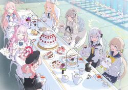 Rule 34 | 6+girls, absurdres, angel wings, animal ears, anniversary, azusa (blue archive), blonde hair, blue archive, brown eyes, cake, cake slice, cellphone, copyright name, cruciform halo, cup, food, fox ears, halo, hanako (blue archive), hifumi (blue archive), highres, holding, holding cup, holding saucer, holding stuffed toy, koharu (blue archive), light brown hair, long hair, long table, low twintails, macaron, mika (blue archive), multiple girls, nagisa (blue archive), peroro (blue archive), phone, pink hair, saucer, seia (blue archive), sitting, smartphone, stuffed animal, stuffed bird, stuffed toy, swiss roll, table, tablecloth, tea party, tea set, teacup, teapot, tiered tray, twintails, tyobis., white wings, wings