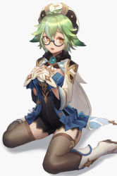 Rule 34 | 1girl, absurdres, anemo (genshin impact), animal ears, aqua hair, artist request, black thighhighs, blush, boots, breasts, cape, coat, genshin impact, glasses, gloves, gold trim, green hair, hat, highres, long hair, looking at viewer, low ponytail, multicolored hair, open mouth, orange eyes, own hands together, parted lips, ponytail, shorts, simple background, sitting, solo, sucrose (genshin impact), thighhighs, two-tone hair, very long hair, vision (genshin impact), wariza, white background