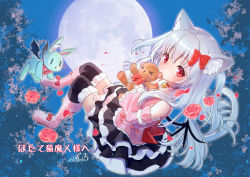 Rule 34 | 1girl, animal ears, biting, boots, cat ears, cat tail, commission, detached sleeves, ear biting, frilled thighhighs, frills, full body, full moon, layered skirt, long hair, mitake eil, moon, night, petals, red eyes, silver hair, skirt, stuffed animal, stuffed rabbit, stuffed toy, tail, teddy bear, thighhighs, vrchat, zettai ryouiki