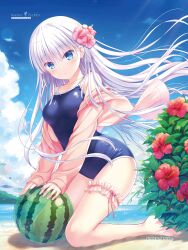 Rule 34 | 1girl, absurdres, ball, barefoot, beach, beachball, black one-piece swimsuit, blue eyes, blue sky, blush, breasts, bush, cloud, day, floating hair, flower, hair flower, hair ornament, hibiscus, highres, incredibly absurdres, key (company), kneeling, leaf, long hair, looking at viewer, na-ga, naruse shiroha, official art, one-piece swimsuit, outdoors, red flower, school swimsuit, sky, small breasts, solo, summer pockets, sweater, swimsuit, thigh strap, very long hair, white hair