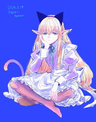 Rule 34 | 1girl, animal ear hairband, animal ears, apron, black pantyhose, blue background, cat ears, closed mouth, collared dress, commentary request, crossed legs, dated, dress, ear piercing, elf, expressionless, fake animal ears, full body, green ribbon, hairband, highres, long hair, long sleeves, maid apron, neck ribbon, no shoes, orange eyes, orange hair, pantyhose, piercing, pointy ears, purple dress, ribbon, serie (sousou no frieren), simple background, sitting, solo, sousou no frieren, tail, twitter username, white apron, yuri kyanon
