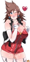 Rule 34 | 1girl, bare shoulders, black vest, blue eyes, blush, breasts, brown hair, cleavage, cowboy shot, detached sleeves, dress, earrings, eyes visible through hair, facing viewer, heart, highres, jacket, jewelry, kingdom hearts, large breasts, lightsource, lipstick, long hair, looking at viewer, makeup, mature female, microdress, one eye closed, parted lips, pendant, red dress, revealing clothes, simple background, skin tight, skindentation, solo, sora&#039;s mother (kingdom hearts), spiked hair, standing, strapless, strapless dress, thighhighs, vest, white background, white sleeves, wink, zettai ryouiki, zipper legwear, zipper pull tab