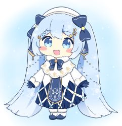Rule 34 | 1girl, :d, bass clef, beret, blue bow, blue bowtie, blue dress, blue eyes, blue gloves, blue hair, blush stickers, boots, bow, bowtie, braid, braided bangs, capelet, chibi, commentary, dress, full body, fur-trimmed boots, fur-trimmed capelet, fur trim, gloves, gold trim, hair bow, hat, hatsune miku, light blue hair, long hair, nukotun, open mouth, smile, snowflake print, solo, string of light bulbs, treble clef, twintails, very long hair, vocaloid, white capelet, white dress, white footwear, white hat, yuki miku, yuki miku (2021)