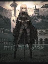 Rule 34 | 1girl, absurdres, bandages, blonde hair, blue eyes, boots, cloak, commentary, english commentary, english text, fantasy, fingerless gloves, full body, gloves, hands on hilt, highres, knee pads, mountain, original, planted, planted sword, planted weapon, scar, solo, standing, sword, thigh boots, thighhighs, tower, tuda6, weapon
