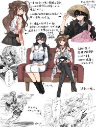 Rule 34 | 2girls, ahoge, black footwear, black hair, black legwear, blood, blood on face, boots, brown hair, couch, crossed legs, cup, detached sleeves, double bun, earrings, female admiral (kancolle), hair between eyes, hair bun, headgear, holding, holding cup, holding plate, holding sword, holding weapon, injury, japanese clothes, jewelry, kantai collection, kongou (kancolle), long hair, long sleeves, military, military uniform, multiple girls, multiple views, parted lips, plate, ribbon-trimmed sleeves, ribbon trim, rigging, rin (rin niji), simple background, sitting, smile, sword, tears, thighhighs, torn clothes, translation request, uniform, weapon, white background, wide sleeves