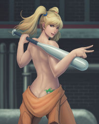 Rule 34 | 1girl, ass, back, baseball bat, batman (series), blonde hair, blue eyes, butt crack, unworn clothes, cowboy shot, dc comics, from behind, harley quinn, jumpsuit, looking at viewer, looking back, mahenbu, no panties, industrial pipe, smile, solo, tattoo, topless, twintails, v