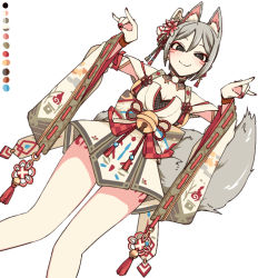 Rule 34 | 1girl, animal ears, bell, bodypaint, breasts, cleavage, closed mouth, color guide, detached collar, detached sleeves, dutch angle, eyeliner, feet out of frame, flower, fox shadow puppet, grey hair, hair between eyes, hair flower, hair ornament, idolmaster, idolmaster cinderella girls, japanese clothes, jingle bell, kimono, makeup, mask, mask on head, nail polish, red nails, sash, shiomi syuko, short kimono, simple background, small breasts, smile, solo, standing, tail, toriga naku, white background, wide sleeves, wolf ears, wolf tail
