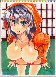Rule 34 | 1girl, bad id, bad pixiv id, bent over, black hair, blush, breasts, green eyes, hood, hoodie, kusanagi tonbo, large breasts, leaning forward, nipples, open clothes, original, panties, puffy nipples, solo, topless, traditional media, underwear, undressing