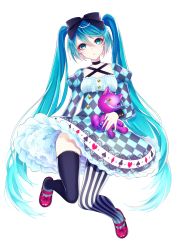 Rule 34 | 1055, 1girl, absurdres, alice in wonderland, asymmetrical legwear, black bow, black thighhighs, blue eyes, blue hair, bow, checkered floor, choker, dress, floating hair, full body, hair between eyes, hair bow, hatsune miku, head tilt, highres, holding, layered dress, long hair, looking at viewer, mary janes, pantyhose, parted lips, red footwear, shoes, solo, striped clothes, striped pantyhose, striped thighhighs, thighhighs, twintails, uneven legwear, vertical-striped clothes, vertical-striped pantyhose, vertical-striped thighhighs, very long hair, vocaloid