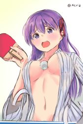 Rule 34 | 1girl, ball, between breasts, blush, breasts, embarrassed, fate/stay night, fate (series), hair ribbon, highres, i.f.s.f, japanese clothes, kimono, large breasts, long hair, long sleeves, looking down, matou sakura, navel, no bra, open clothes, open mouth, paddle, purple eyes, purple hair, ribbon, robe, solo, striped clothes, striped kimono, stuck, surprised, table tennis, table tennis ball, table tennis paddle, underboob, vertical-striped clothes, vertical-striped kimono, yukata